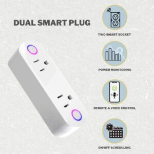 Smart Plug Two Socket with Power Energy Monitoring 16A WiFi Outlet Tuya APP Alexa and Google Home Compatible Wireless Remote Control 2.4GHz Wi Fi Timer White