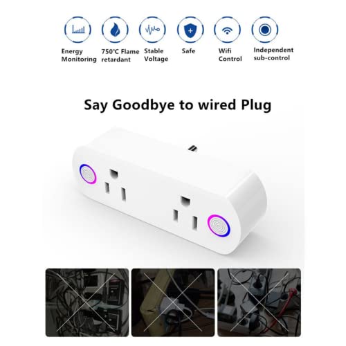 Smart Plug Two Socket with Power Energy Monitoring 16A WiFi Outlet Tuya APP Alexa and Google Home Compatible Wireless Remote Control 2.4GHz Wi Fi Timer White