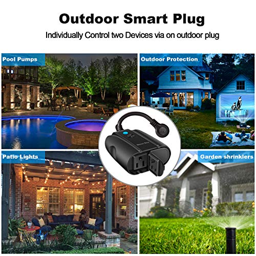 Outdoor Smart Plug - WiFi Outlet with 2 Sockets,Compatible with Alexa,Google Home,Remote Control/Timer by Smartphone,IP44 Weatherproof,FCC/RoHS Certified