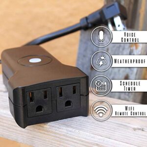 Outdoor Smart Plug 2 Sockets WiFi Compatible with Alexa & Google Home Devices ~ Wireless Remote Control Timer & On/Off with App (WiFi 2 Outlet)