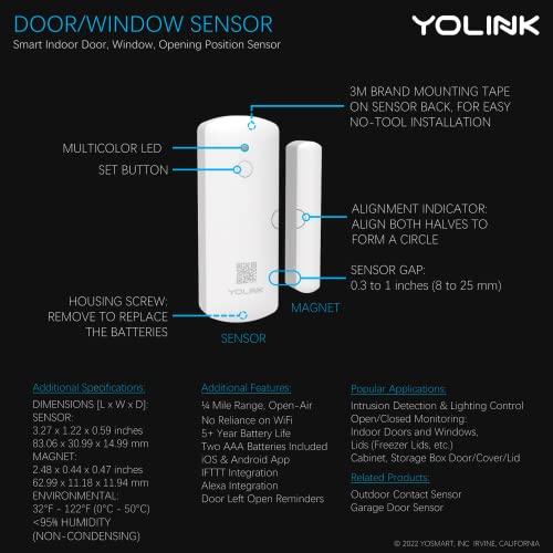 Smart Door Sensors 2 Pack, 1/4 Mile World's Longest Range Wireless Window Door Sensor Works with Alexa IFTTT, Smartphone Monitor App Alerts Open Reminder Sensor, No Audio Alarm, YoLink Hub Included