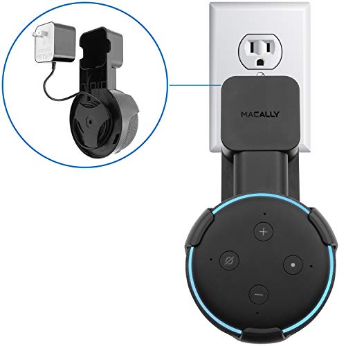Macally Outlet Echo Dot Wall Mount Holder for Amazon Alexa 3rd Gen Speaker - Compact Bracket Stand Saves Home & Kitchen Counter Space - Plug In Hanger Accessories without Messy Wires or Screws - Black