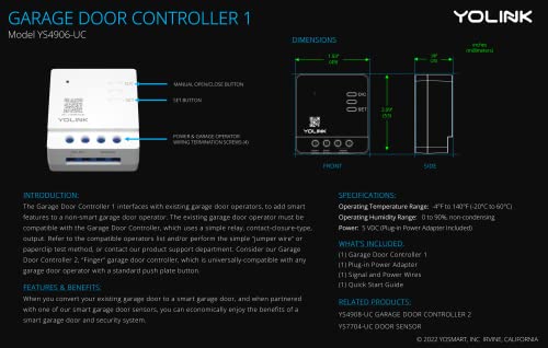 Garage Door Kit, YoLink 1/4 Mile World's Longest Range Garage Door Sensor and Controller Compatible with Alexa IFTTT, Garage Door Opener App Remote Control Open Close Notification, YoLink Hub Required