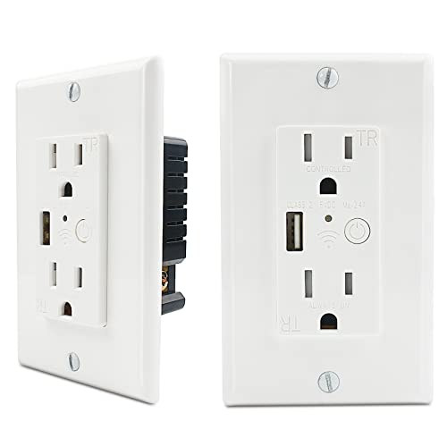 2 Pack Electrical Outlet in-Wall with 2.4A USB Port, Smart Wi-Fi Socket with 2 Plug Outlet, Compatible with 15 Amp Divided Controller, Work with Alexa and Google Home, ETL & FCC Certified