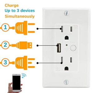 2 Pack Electrical Outlet in-Wall with 2.4A USB Port, Smart Wi-Fi Socket with 2 Plug Outlet, Compatible with 15 Amp Divided Controller, Work with Alexa and Google Home, ETL & FCC Certified