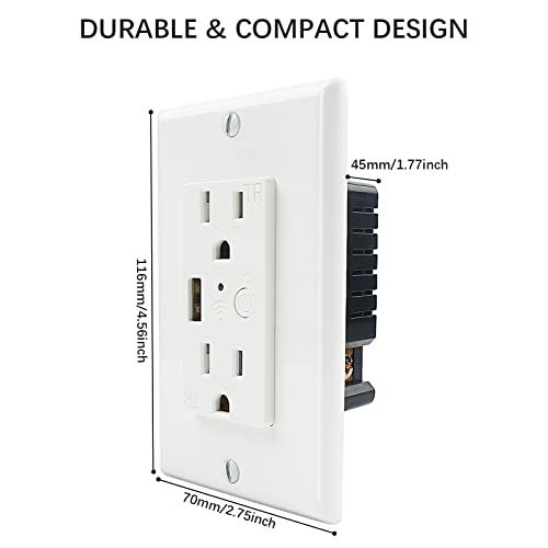 2 Pack Electrical Outlet in-Wall with 2.4A USB Port, Smart Wi-Fi Socket with 2 Plug Outlet, Compatible with 15 Amp Divided Controller, Work with Alexa and Google Home, ETL & FCC Certified