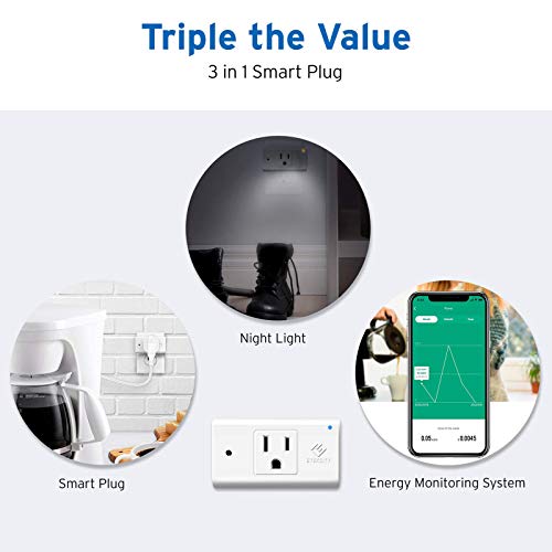 Smart Plug by Etekcity, Works with Alexa and Google Home, 15A/1800W, WiFi Energy Monitoring Outlet with Automatic Night Light, No Hub Required, ETL Listed, White (Upgraded Version)