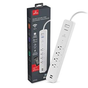 globe electric wi-fi smart 4-outlet surge protector 2 usb port power strip, no hub required, voice activated, independently controlled grounded outlets, 4ft cord, white 50077