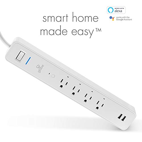 Globe Electric Wi-Fi Smart 4-Outlet Surge Protector 2 USB Port Power Strip, No Hub Required, Voice Activated, Independently Controlled Grounded Outlets, 4ft Cord, White 50077