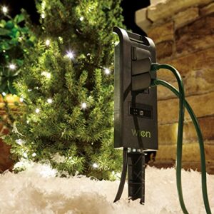 WiOn 50053 Outdoor Wi-Fi Plug-In Yard Stake With Smartphone Or Tablet Automation for up to 12 devices; 3 Grounded Outlets And 6 Foot Cord