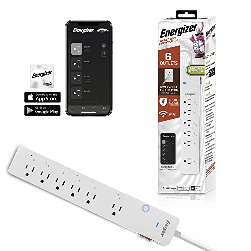 Energizer Connect 6 Outlet Smart Surge Protector, 1,200 Joules, Remote Access/Custom Schedules, Compatible with Alexa/Siri/Google Assistant, Low Profile Angled Plug with 3ft Cord, Connect to Your Wi-Fi