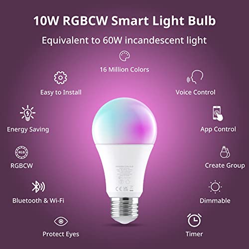 SwitchBot Smart LED Light Bulb - Color Changing Dimmable WiFi&Bluetooth Bulb Works with Alexa and Google Home, RGBCW Multicolor Warm White E26 10W 800lms Equals 60W Bulb, 2.4GHz Only, No Hub Required