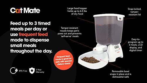 Cat Mate C3000 Automatic Dry Food 3-Meal Feeder, BPA Free for Cats & Small Dogs