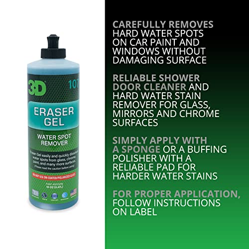 3D Eraser Gel Hard Water Spot Remover - 16 oz. - Hard Water Stain Remover for Cars, Glass, and Paint - All Natural Shower Door Cleaner - Cleans Mirrors, Windows, Chrome Surfaces, and More