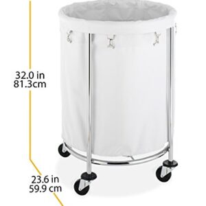 Whitmor Round Commercial Removable Liner and Heavy Duty Wheels-Chrome Laundry Hamper, Silver and White