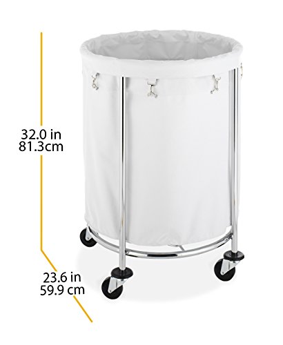 Whitmor Round Commercial Removable Liner and Heavy Duty Wheels-Chrome Laundry Hamper, Silver and White