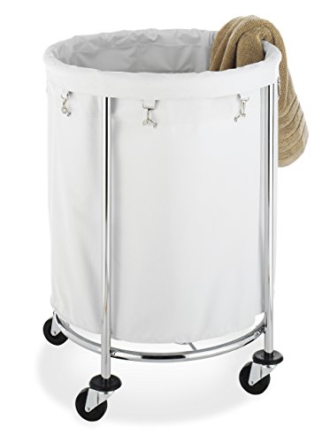 Whitmor Round Commercial Removable Liner and Heavy Duty Wheels-Chrome Laundry Hamper, Silver and White