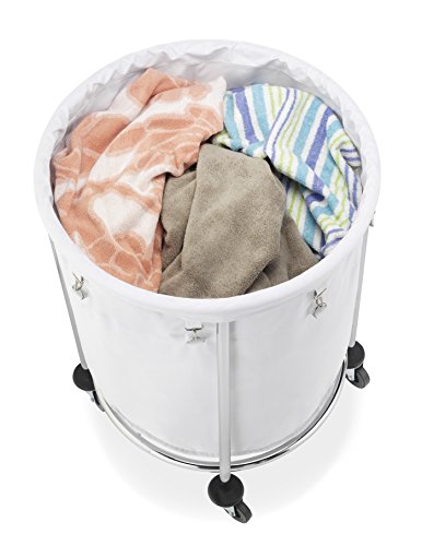 Whitmor Round Commercial Removable Liner and Heavy Duty Wheels-Chrome Laundry Hamper, Silver and White