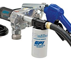 GPI M-180S Fuel Transfer Pump with Filter Kit, 18 GPM, 12-VDC, Automatic Shut-Off Nozzle, 12' Hose, 18' Power Cord (110612-02)