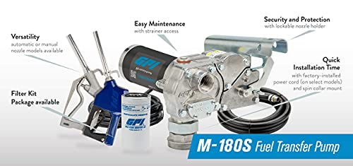 GPI M-180S Fuel Transfer Pump with Filter Kit, 18 GPM, 12-VDC, Automatic Shut-Off Nozzle, 12' Hose, 18' Power Cord (110612-02)