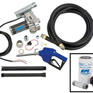 GPI M-180S Fuel Transfer Pump with Filter Kit, 18 GPM, 12-VDC, Automatic Shut-Off Nozzle, 12' Hose, 18' Power Cord (110612-02)