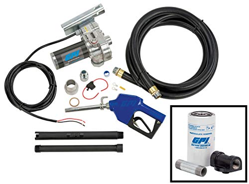 GPI M-180S Fuel Transfer Pump with Filter Kit, 18 GPM, 12-VDC, Automatic Shut-Off Nozzle, 12' Hose, 18' Power Cord (110612-02)