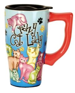 spoontiques – ceramic travel mugs – crazy cat lady cup – hot or cold beverages – gift for coffee lovers