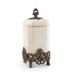 16-inch tall provencial cream canister with brown metal scrolled base