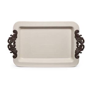 23.75-inch long cream ceramic tray with acanthus leaf styled metal handles
