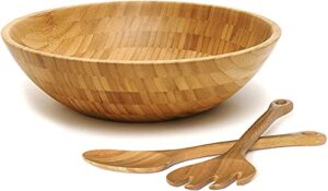 lipper international bamboo wood salad bowl with 2 server utensils, large, 14″ diameter x 4″ height, 3-piece set