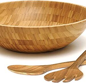 Lipper International Bamboo Wood Salad Bowl with 2 Server Utensils, Large, 14" Diameter x 4" Height, 3-Piece Set