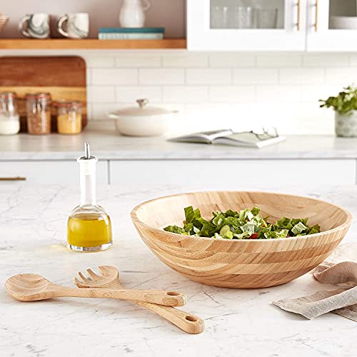 Lipper International Bamboo Wood Salad Bowl with 2 Server Utensils, Large, 14" Diameter x 4" Height, 3-Piece Set