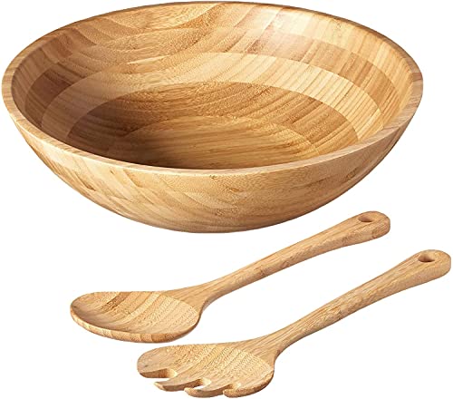 Lipper International Bamboo Wood Salad Bowl with 2 Server Utensils, Large, 14" Diameter x 4" Height, 3-Piece Set