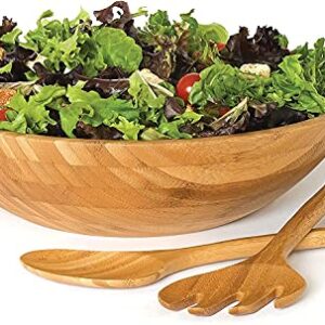 Lipper International Bamboo Wood Salad Bowl with 2 Server Utensils, Large, 14" Diameter x 4" Height, 3-Piece Set