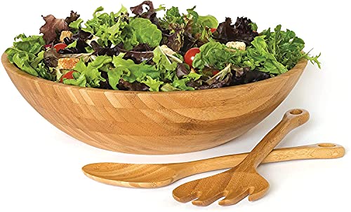 Lipper International Bamboo Wood Salad Bowl with 2 Server Utensils, Large, 14" Diameter x 4" Height, 3-Piece Set