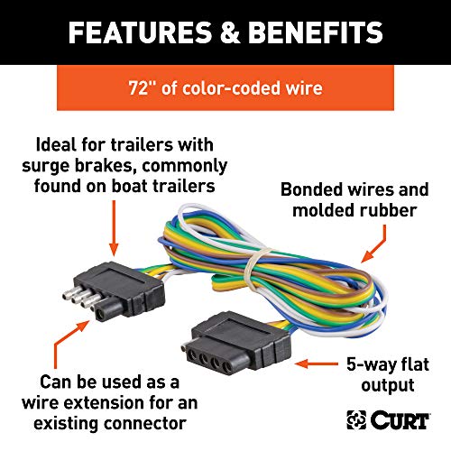 CURT 58551 Vehicle-Side and Trailer-Side 5-Pin Flat Wiring Harness with 72-Inch Wires