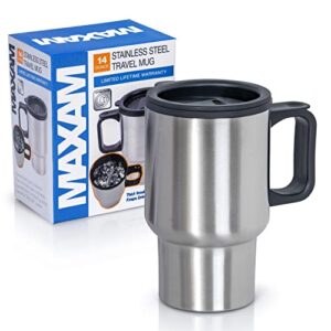 Maxam Stainless Steel Travel Mug with Tapered Bottom to Fit Most Cup Holders, 14 Ounce