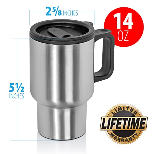 Maxam Stainless Steel Travel Mug with Tapered Bottom to Fit Most Cup Holders, 14 Ounce