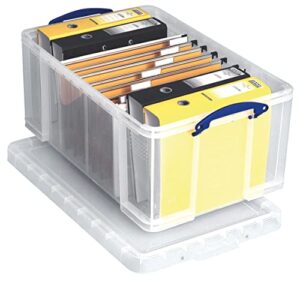 really useful boxes(r) plastic storage box, 64 liters, 12 1/4in.h x 17 5/16in.w x 28in.d, clear, 64c