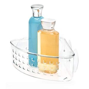 idesign plastic bathroom suction holder, shower organizer corner basket for sponges, scrubbers, soap, shampoo, conditioner, clear