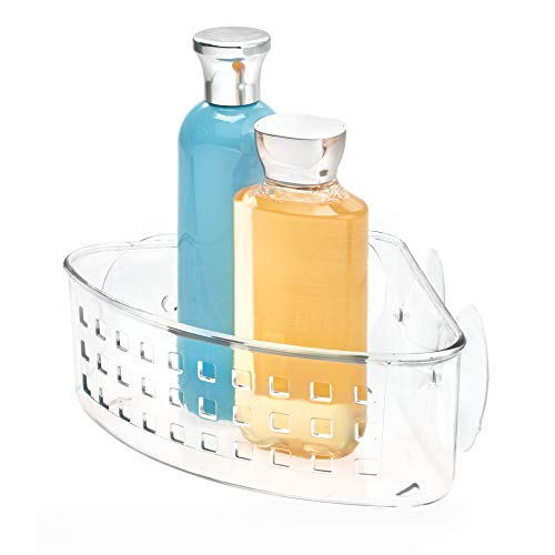 iDesign Plastic Bathroom Suction Holder, Shower Organizer Corner Basket for Sponges, Scrubbers, Soap, Shampoo, Conditioner, Clear