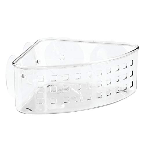 iDesign Plastic Bathroom Suction Holder, Shower Organizer Corner Basket for Sponges, Scrubbers, Soap, Shampoo, Conditioner, Clear