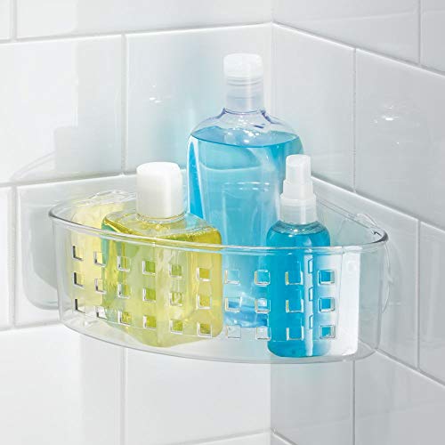 iDesign Plastic Bathroom Suction Holder, Shower Organizer Corner Basket for Sponges, Scrubbers, Soap, Shampoo, Conditioner, Clear