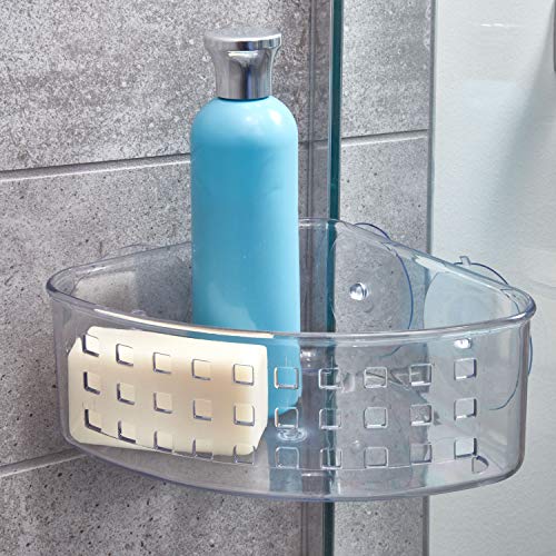 iDesign Plastic Bathroom Suction Holder, Shower Organizer Corner Basket for Sponges, Scrubbers, Soap, Shampoo, Conditioner, Clear