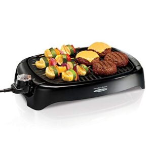 hamilton beach electric indoor, 100 sq. in. surface serves 8, virtually smokeless grilling, adjustable temperature control to 450f, dishwasher safe removable nonstick plates, black (31605n)
