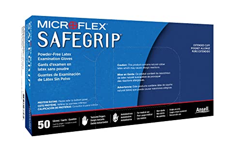 Microflex SafeGrip SG-375 Extra Thick Disposable Latex Gloves for Life Sciences, Automotive w/ Textured Fingertips - Small, Blue (Box of 50)