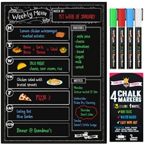 magnetic dry erase menu board for fridge includes 4 liquid chalk markers – weekly meal planner blackboard, grocery list and notepad for kitchen refrigerator – chalkboard magnet
