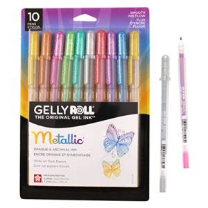 sakura gelly roll metallic gel pens – pens for scrapbook, journals, or drawing – colored metallic ink – medium line – 10 pack