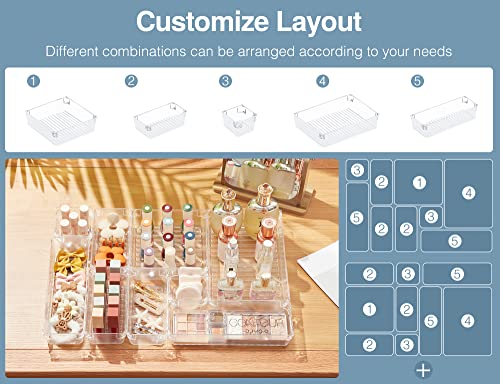 Puroma 24Pcs Drawer Organizer Set 5-size Versatile Vanity and Bathroom Drawer Organizers, Clear Plastic Desk Drawer Organizer Trays and Customize Layout Storage Bins for Makeup Kitchen Office (Clear)