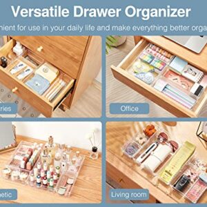 Puroma 24Pcs Drawer Organizer Set 5-size Versatile Vanity and Bathroom Drawer Organizers, Clear Plastic Desk Drawer Organizer Trays and Customize Layout Storage Bins for Makeup Kitchen Office (Clear)